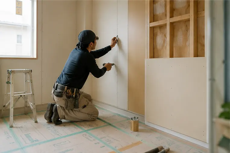 養生された住宅内で内装工事を行う職人
