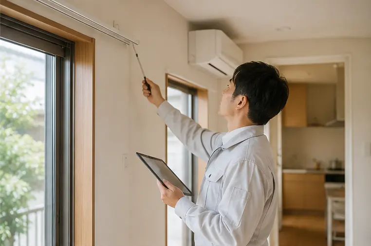 住宅の窓まわりを採寸しながら現地調査を行うスタッフ